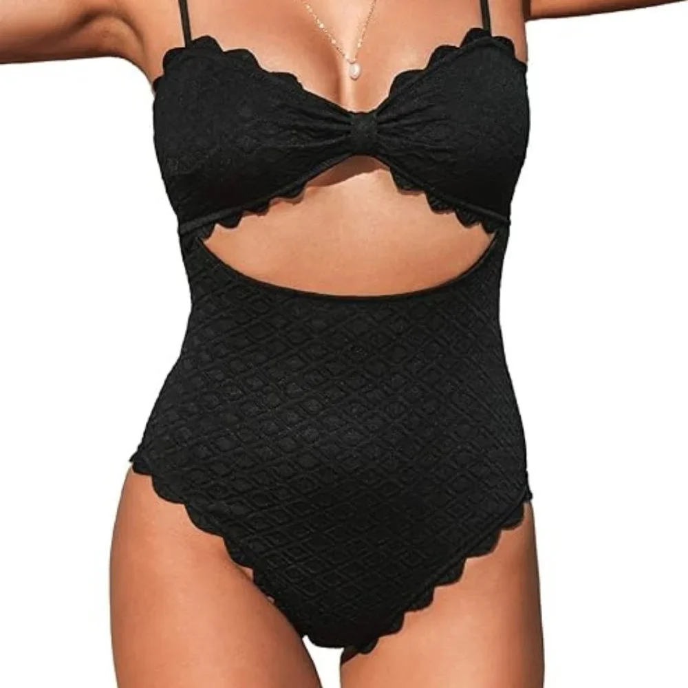 CUPSHE Women's One Piece Swimsuit Dize L Black Cutout Scallop Trim Bathing Suit - Picture 1 of 4